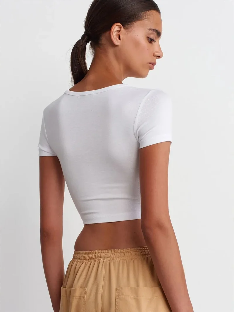 ديلفين Dilvin Women's Crop Slim-Fit Crew Neck T-Shirt