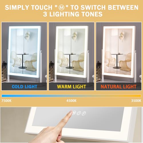 FENCHILIN Vanity Mirror with Lights 16.14" x 11.81",Lighted Makeup Mirror and Hollywood Mirror with Smart Touch Control 3 Colors Dimmable LED Light, 360°Rotation 10X Magnification Tabletop (White) - Image 4