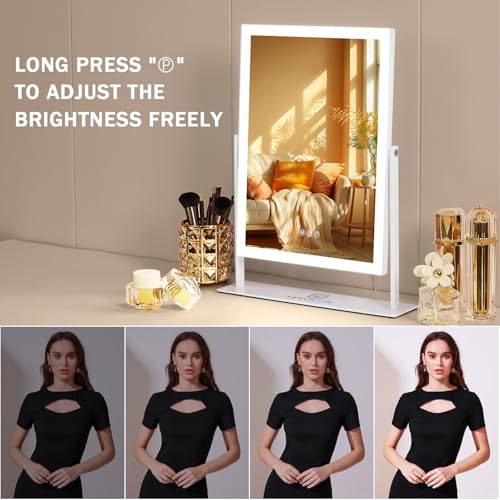 FENCHILIN Vanity Mirror with Lights 16.14" x 11.81",Lighted Makeup Mirror and Hollywood Mirror with Smart Touch Control 3 Colors Dimmable LED Light, 360°Rotation 10X Magnification Tabletop (White) - Image 5
