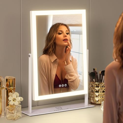 FENCHILIN Vanity Mirror with Lights 16.14" x 11.81",Lighted Makeup Mirror and Hollywood Mirror with Smart Touch Control 3 Colors Dimmable LED Light, 360°Rotation 10X Magnification Tabletop (White) - Image 2