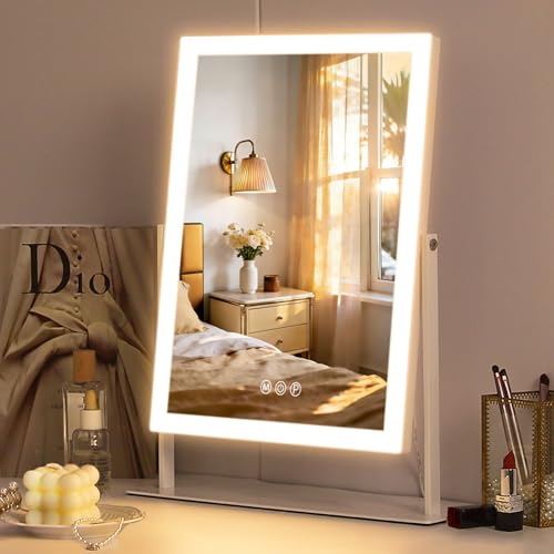 FENCHILIN Vanity Mirror with Lights 16.14" x 11.81",Lighted Makeup Mirror and Hollywood Mirror with Smart Touch Control 3 Colors Dimmable LED Light, 360°Rotation 10X Magnification Tabletop (White) - Image 1