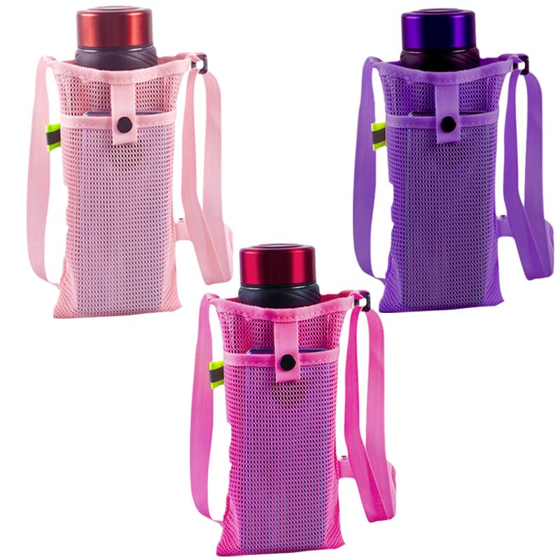 Water Bottle Mesh Bag – Rose Red / Pink / Purple, 3 Colors, Drawstring Carrier for Hydration Pack
