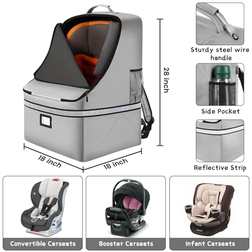SINVICKO Car Seat Travel Bag,Padded Car Seats Backpack with Steel Cable Handle and Reflective Stripes, Large Durable Carseat Carrier Bag,Airport Gate Check Bag,Infant Seat Travel Bag with Shoulder Strap,Grey - Image 2
