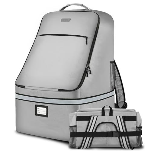 SINVICKO Car Seat Travel Bag,Padded Car Seats Backpack with Steel Cable Handle and Reflective Stripes, Large Durable Carseat Carrier Bag,Airport Gate Check Bag,Infant Seat Travel Bag with Shoulder Strap,Grey - Image 1