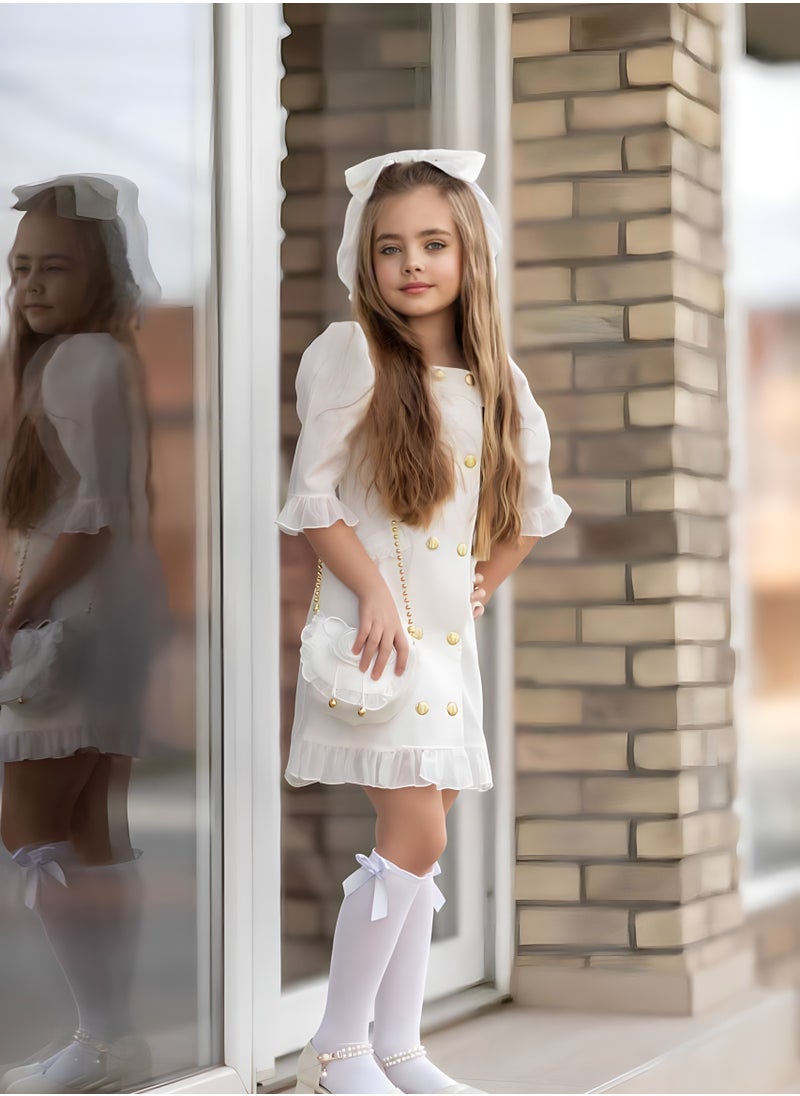 OLUDENIZ Dress Chic 4-Piece Girls' Celebration Ensemble: Includes Dress, Hair Clip, Handbag, and Long Socks - Coordinated Colors, Made in Turkey  - Image 1