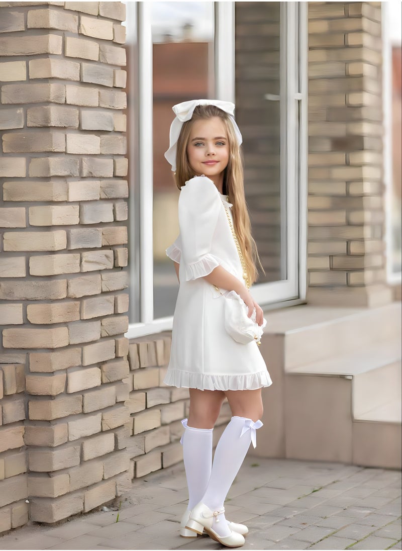 OLUDENIZ Dress Chic 4-Piece Girls' Celebration Ensemble: Includes Dress, Hair Clip, Handbag, and Long Socks - Coordinated Colors, Made in Turkey  - Image 2