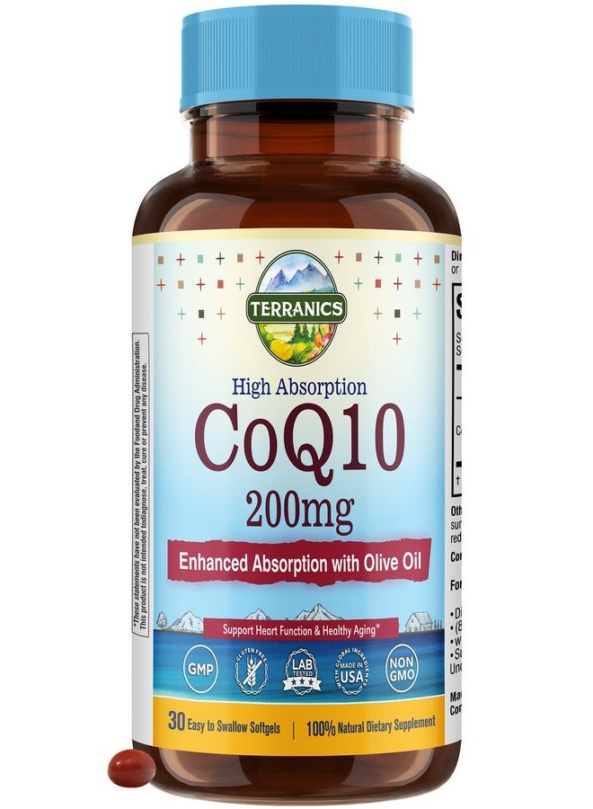 Terranics CoQ10 200mg, Coenzyme Q10 with Extra Virgin Olive Oil for High Absorption, No Gluten, Non-GMO, for Heart Health, Energy, Antioxidant Capacity, 30 Softgels, 1 Month Supply, Made in USA - Image 1
