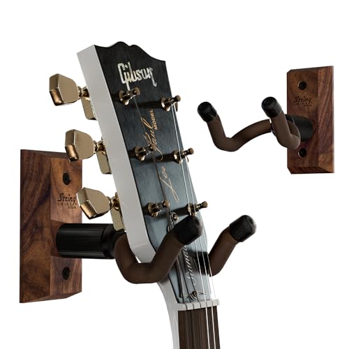 String Swing Guitar Wall Mount 2 Pack, Guitar Hangers, Wall Guitar Mount, Guitar Holder Hook for Wall, Fits All Size Guitars, Acoustic, Electric, Bass, Black Walnut Hardwood - Made in USA - Image 1
