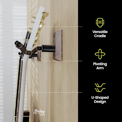 String Swing Guitar Wall Mount 2 Pack, Guitar Hangers, Wall Guitar Mount, Guitar Holder Hook for Wall, Fits All Size Guitars, Acoustic, Electric, Bass, Black Walnut Hardwood - Made in USA - Image 3