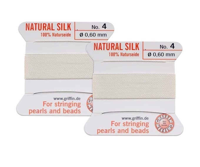 S 2 PCS SILK BEADING CORD THREAD AND NEEDLE SIZE 4 WHITE COLOR