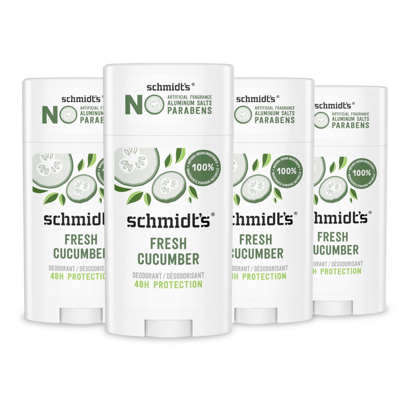 Schmidt's Aluminum-Free Vegan Deodorant Fresh Cucumber 4 Count for Women and Men, with 24 Hour Odor Protection, Natural Ingredients, Cruelty-Free, 2.65 oz - Image 1