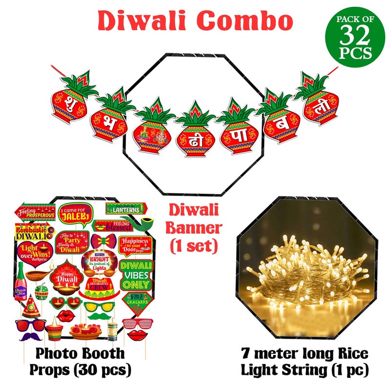Zyozique Diwali Decorations Items For Diwali Festival | Diwali Decorations Kit | Shubh Deepawali Paper Banner With Multicolor Photo Booth Props & Rice Light (Pack of 32) - Image 2