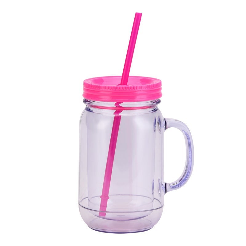 Solid Color Plastic Cock Cup With Handle Double Layer Plastic Mason Bottle Daily Cup With Straw - Image 1