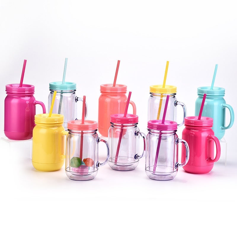 Solid Color Plastic Cock Cup With Handle Double Layer Plastic Mason Bottle Daily Cup With Straw - Image 2