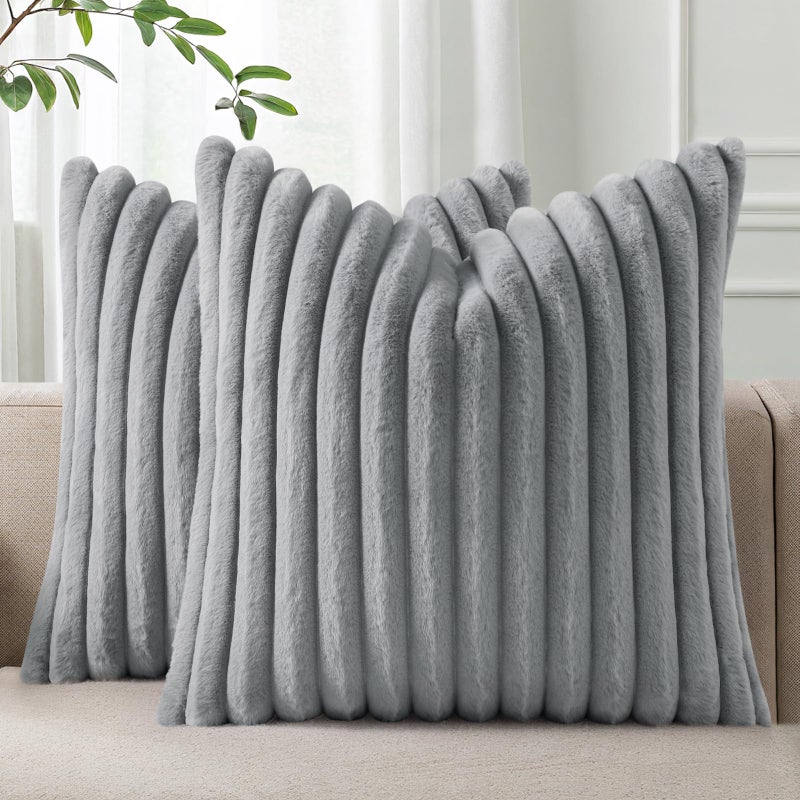Pallene Faux Fur Plush Throw Pillow Covers 26x26 Set of 2 Luxury Soft Fluffy Striped Decorative Pillow Covers for Sofa Couch Living Room Grey - Image 2
