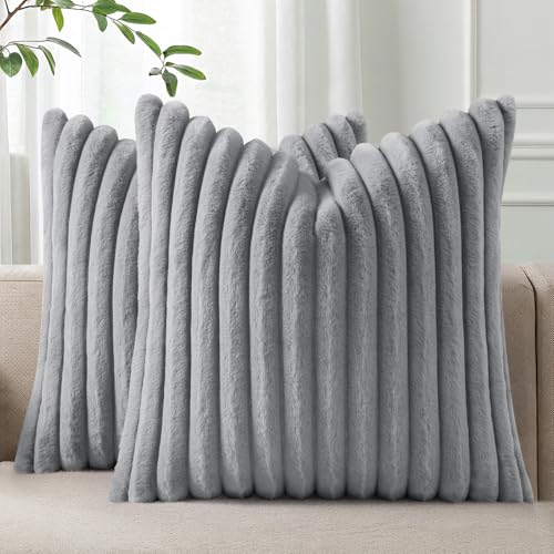 Pallene Faux Fur Plush Throw Pillow Covers 26x26 Set of 2 Luxury Soft Fluffy Striped Decorative Pillow Covers for Sofa Couch Living Room Grey - Image 1