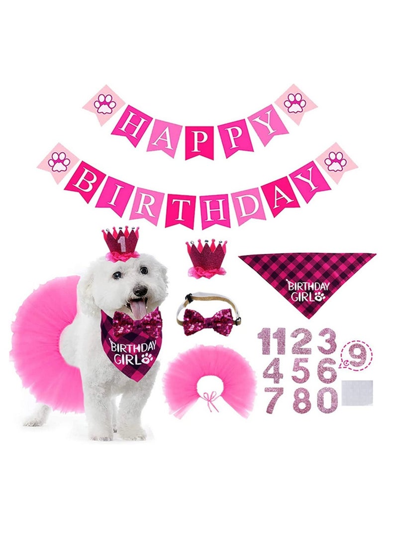 Generic Dog Birthday Outfit Girl Dog Birthday Bandana Girl Tutu Skirt Birthday Number Crown Hat Bowtie Happy Birthday Banner for Pet Puppy Dog Birthday Party Supplies  - Image 1