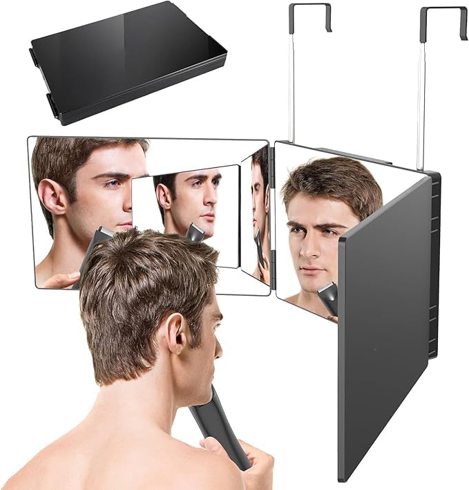 TRIFOLD MIRROR WITH HEIGHT ADJUSTABLE TELESCOPING HOOKSAND 5X MAGNIFICATION MIRRORFOR MAKEUP HAIR STYLING