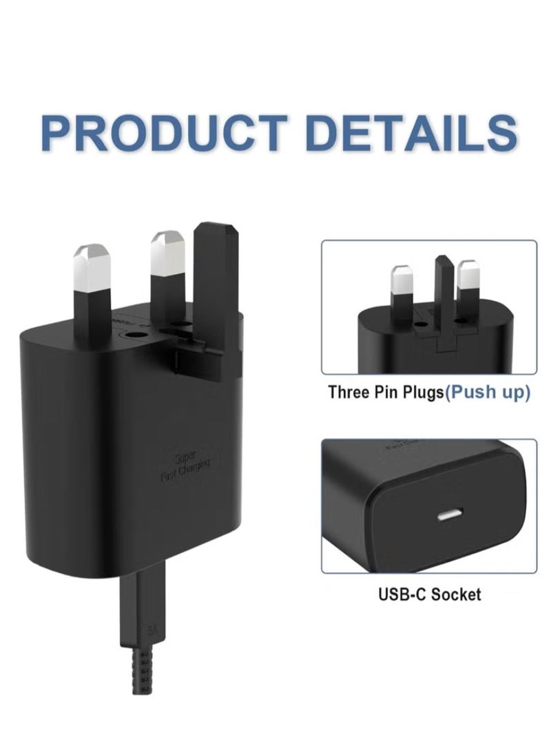 شاحن شحن فائق السرعة USB C بقوة 25 وات - متوافق مع S24 S23 S22 S21 S20 Ultra، S24+ S23+ S22+ S21+، A53، A15، A 55، A54 - محول طاقة من النوع C
