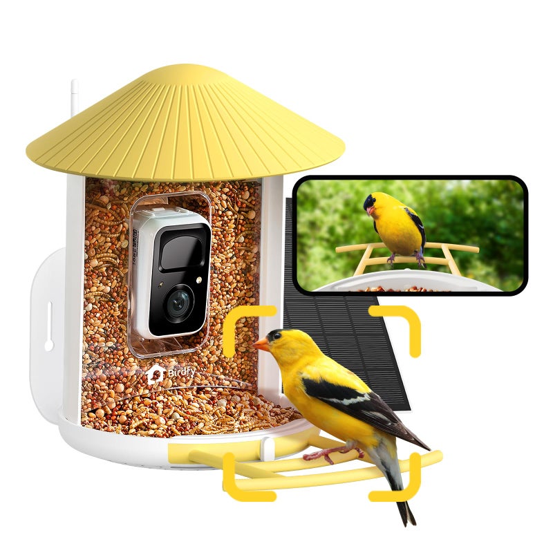 NETVUE by Birdfy Smart Bird Feeder with Camera AI Identifies Birds Species 2MP Night Vision App Alerts 24Ghz WiFi Connect IP65 Weatherproof Bird CameraGift for Backyard BirdWatchers Yellow