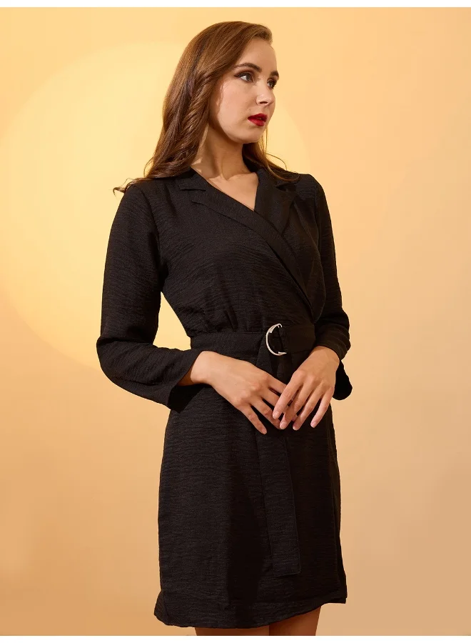 globus Globus Women Self Design Notched Collar Long Sleeves Wrap Belted Workwear Dress