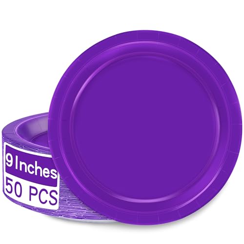 QZYL Disposable Paper Plates Set, 50 PCS Purple Dinner Paper Plates, Round 9 Inches Party Plates Pack for Daily Meal Picnic Anniversary Mardi Gras Carnival Festival Gathering Party Supplies - Image 1
