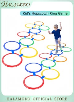 Kid's Hopscotch Ring Game Hopping Toy with 13 Multi-Colored Plastic Rings and 16 Connectors for Indoor or Outdoor Use Fun Creative Play Set Conditioning Agility Training Toys for Boys and Girls