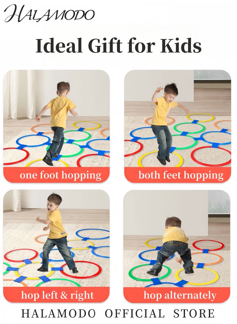 HALAMODO - Kid's Hopscotch Ring Game Hopping Toy with 13 Multi-Colored Plastic Rings and 16 Connectors for Indoor or Outdoor Use Fun Creative Play Set Conditioning Agility Training Toys for Boys and Girls - Image 1