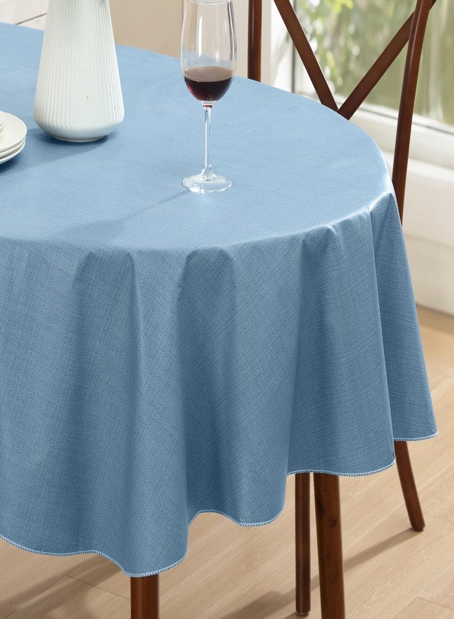 Lintex Cafe Hotel Linen Look Vinyl Flannel Backed Tablecloth, Heavyweight 4 Gauge, 60 x 84 Inch Oval, Chambray Blue Indoor Outdoor Waterproof Wipe Clean Table Cover - Image 1
