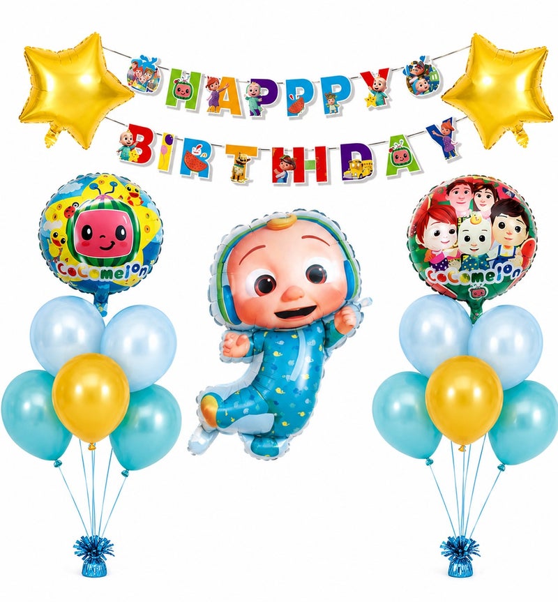 CoComelon Birthday Balloon Decoration Complete Set 22 Pcs – Large JJ Character + 2 Round CoComelon Print + Happy Birthday Banner + 2 Gold Star Foil + 14 Blue Gold Latex Balloons, Toddler Boys Girls Party Supplies - Image 1