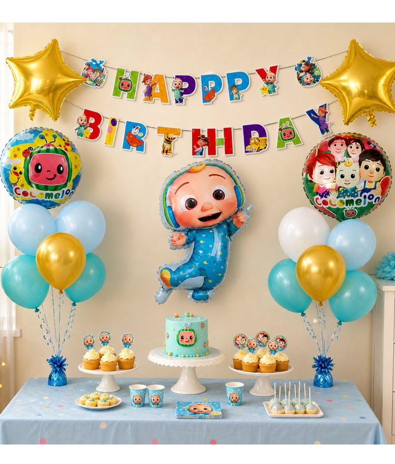 CoComelon Birthday Balloon Decoration Complete Set 22 Pcs – Large JJ Character + 2 Round CoComelon Print + Happy Birthday Banner + 2 Gold Star Foil + 14 Blue Gold Latex Balloons, Toddler Boys Girls Party Supplies - Image 5