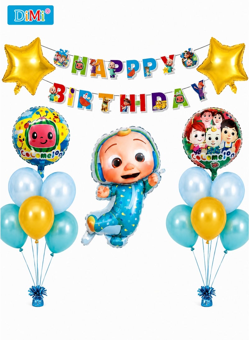 DIMI Cocomelon Birthday Decoration Set, CoComelon Balloon Set with Foil & Latex Balloons, Happy Birthday Banner, Kids Birthday Party Decorations & Supplies, Blue Gold Theme,Cocomelon Party Decorations for Boys - Image 1