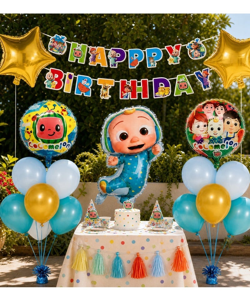 DIMI Cocomelon Birthday Decoration Set, CoComelon Balloon Set with Foil & Latex Balloons, Happy Birthday Banner, Kids Birthday Party Decorations & Supplies, Blue Gold Theme,Cocomelon Party Decorations for Boys - Image 2