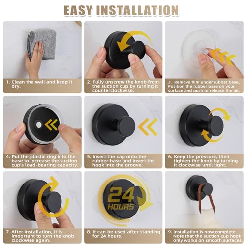 Fenas Suction Cup Hooks for Shower No-Drill Bathroom Hooks for Towels, Robes, Loofah Mountable on Bathroom Walls, Kitchen, Glass, Mirrors, Tile and Smooth,Non-Porous Surfaces (4, Matte Black) - Image 5