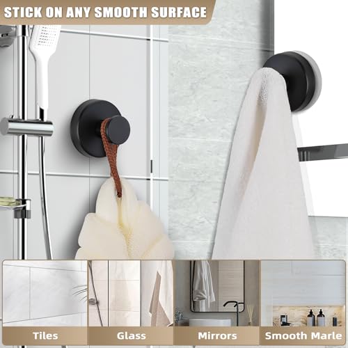 Fenas Suction Cup Hooks for Shower No-Drill Bathroom Hooks for Towels, Robes, Loofah Mountable on Bathroom Walls, Kitchen, Glass, Mirrors, Tile and Smooth,Non-Porous Surfaces (4, Matte Black) - Image 2