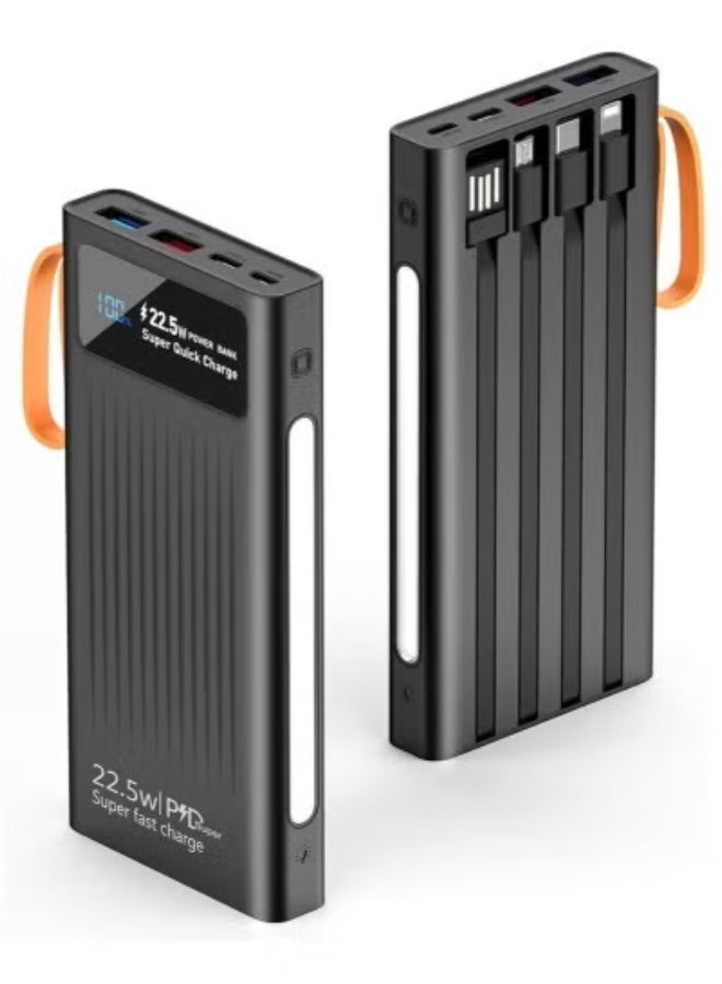 TIGER 10,000mAh Power Bank with Built-in Cables – 22.5W PD Fast Charging Portable Charger with 4 Output Ports, Dual Input Support, Compatible with iPhone, Samsung & More, Compact Design for Travel & Daily Use – Black - Image 1