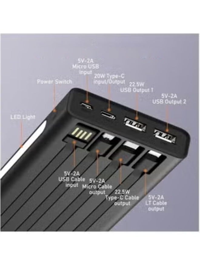 TIGER 10,000mAh Power Bank with Built-in Cables – 22.5W PD Fast Charging Portable Charger with 4 Output Ports, Dual Input Support, Compatible with iPhone, Samsung & More, Compact Design for Travel & Daily Use – Black - Image 4