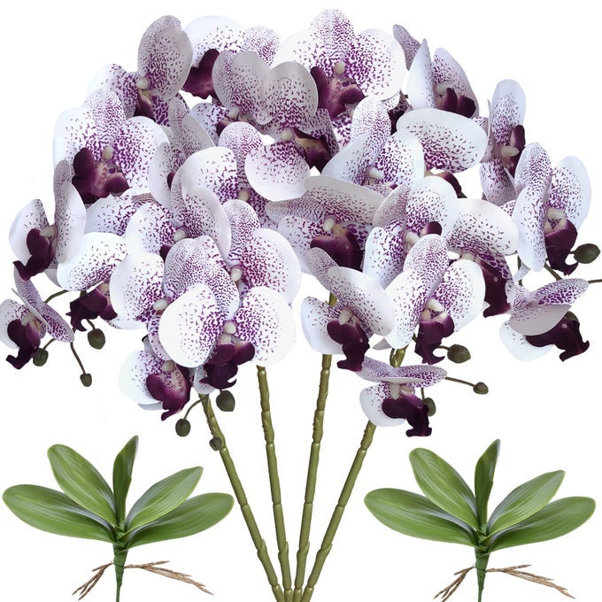 ARTIFICIAL ORCHID PLANT 32 PURPLE CORE 4 PCS WITH 2 BUNDLES LEAVES FAKE BUTTERFLY PHALAENOPSIS FLOWERS FOR HOME DECOR
