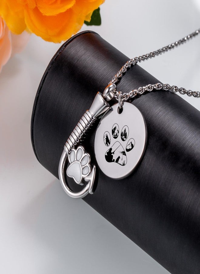 Gredstar Dog Paw Fish Hook Cremation Necklace - Stainless Steel Ashes Urn Pendant, Pet Loss Memorial Gift for Fishermen (Silver-Paw Print) - Image 2