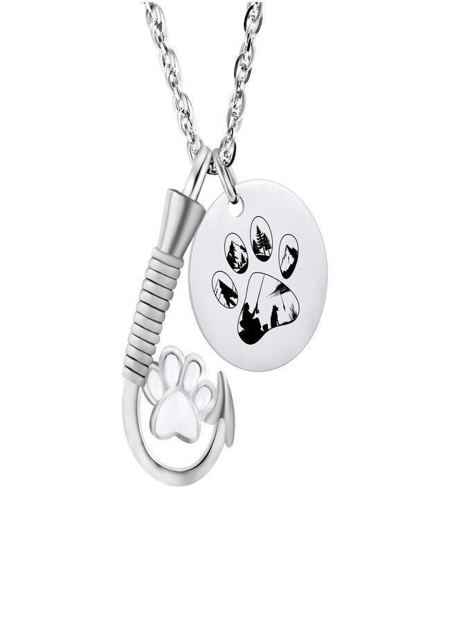 Gredstar Dog Paw Fish Hook Cremation Necklace - Stainless Steel Ashes Urn Pendant, Pet Loss Memorial Gift for Fishermen (Silver-Paw Print) - Image 1