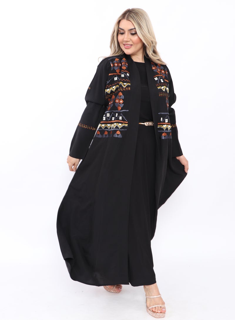MyesuQ Black abaya with classic embroidery on the front and sleeves - Image 1