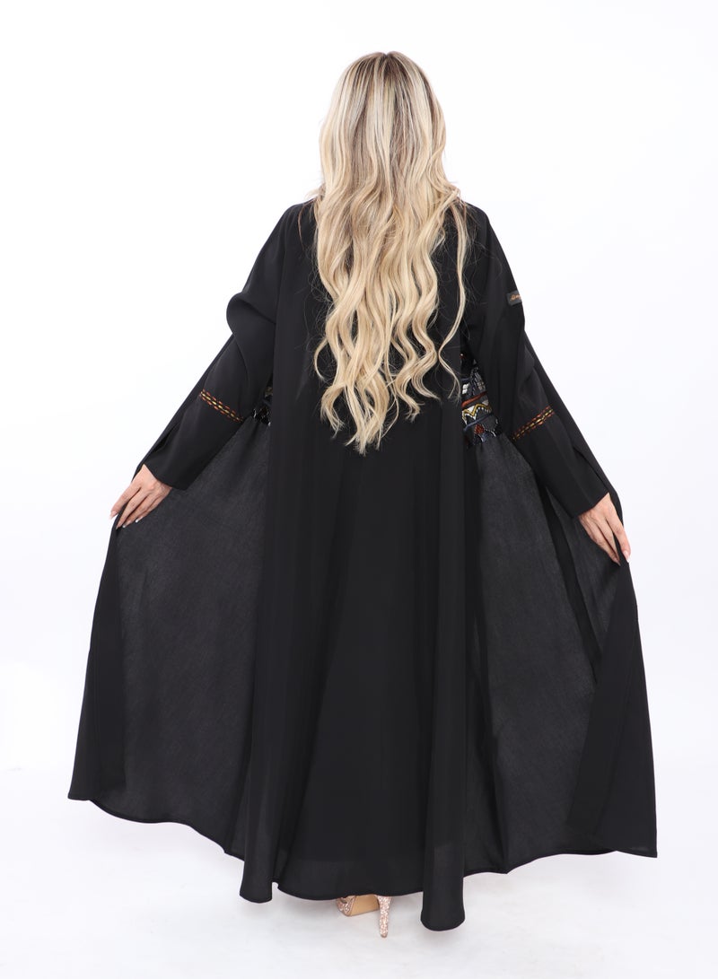 MyesuQ Black abaya with classic embroidery on the front and sleeves - Image 4