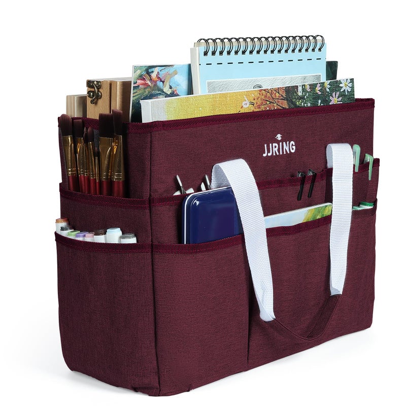 JJRING Craft Organizer Tote Bag Large Art Storage Caddy with Multiple Pockets Dark Red Sewing Bag for Art Craft Scrapbooking School Medical and Office Supplies Storage