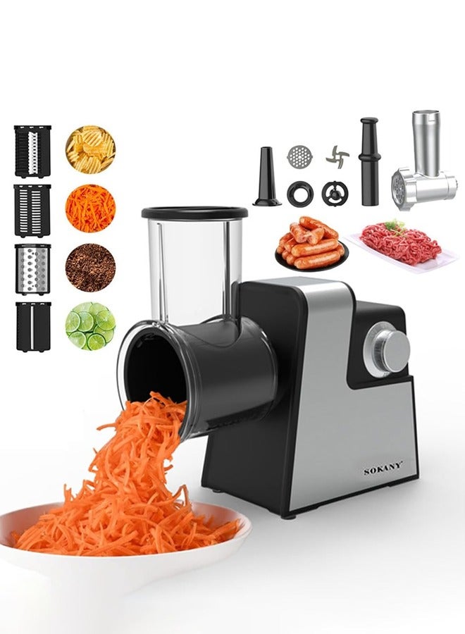 sokany Electric Cheese Grater, 1000W Meat Grinder Electric,5 in 1Multifunction Kitchen Grater with Meat Grinder,Vegetable Cutter Vegetable Slicer,Shredder, Meat Chopper, Sausage Stuffer, Kubbe Kit,Food Processor with 2 Speed & 4 Blades Set,Reverse Function,1000W SK-06010 - Image 1