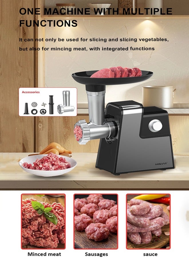 sokany Electric Cheese Grater, 1000W Meat Grinder Electric,5 in 1Multifunction Kitchen Grater with Meat Grinder,Vegetable Cutter Vegetable Slicer,Shredder, Meat Chopper, Sausage Stuffer, Kubbe Kit,Food Processor with 2 Speed & 4 Blades Set,Reverse Function,1000W SK-06010 - Image 4