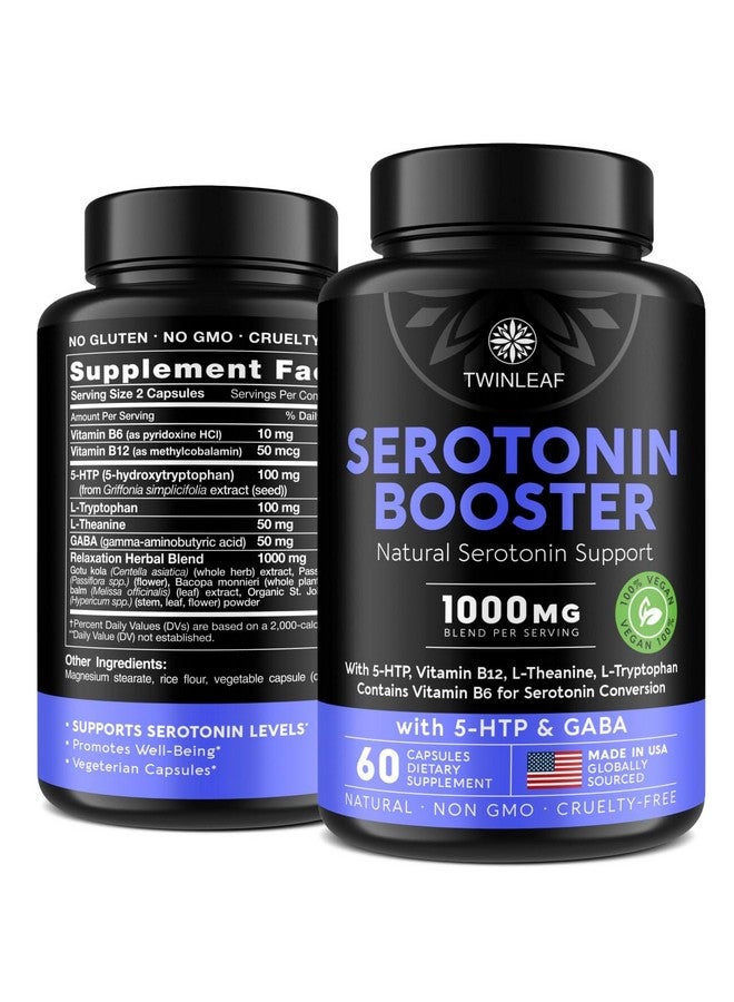 TWINLEAF Natural Serotonin Supplement - Made in USA 5HTP Serotonin & Cortisol Manager - Serotonin Booster Vitamin Supplement for Women with 5-HTP, Vitamin B6, B12, GABA, L Theanine, L Tryptophan - 60 capsules - Image 1