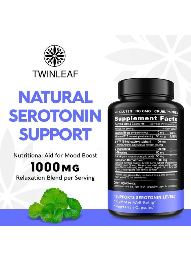 TWINLEAF Natural Serotonin Supplement - Made in USA 5HTP Serotonin & Cortisol Manager - Serotonin Booster Vitamin Supplement for Women with 5-HTP, Vitamin B6, B12, GABA, L Theanine, L Tryptophan - 60 capsules - Image 2