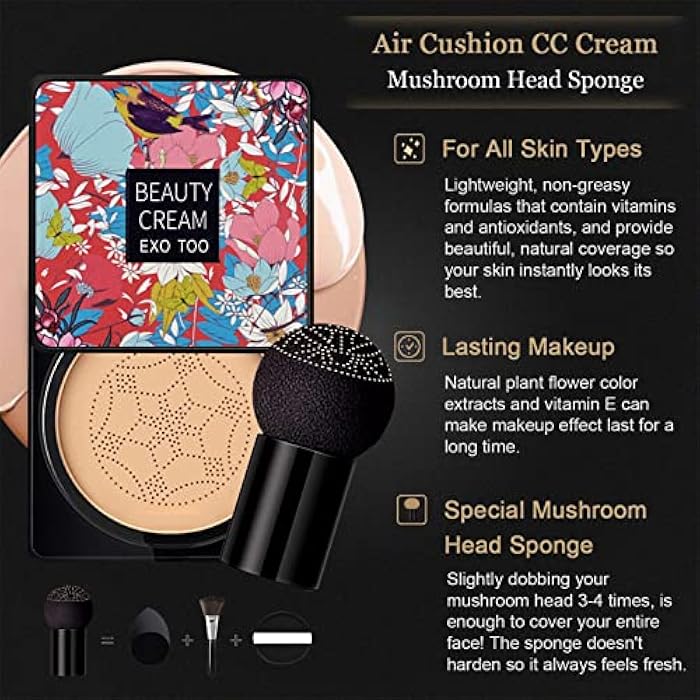 NUIBO 2PCS Air Cushion CC Cream Mushroom Head, Moisturizing Concealer Makeup Base, Primer Liquid Foundation Long Lasting with Two Mushroom Makeup Sponges【2 X Ivory】 - Image 2