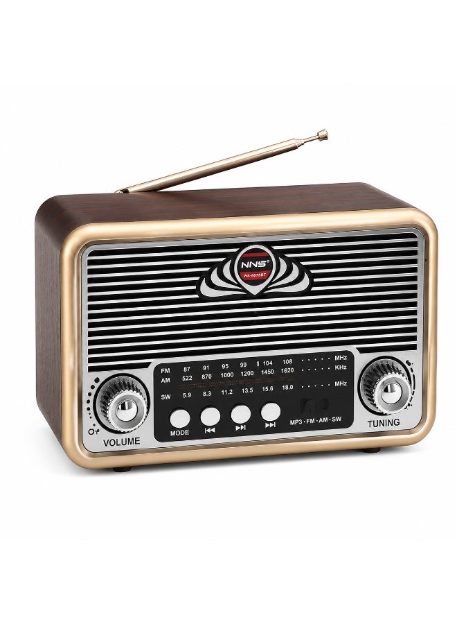 أن أن أس راديو بلوتوث محمول NNS مع مشغل MP3 USB/TF، ثلاثي النطاق FM/AM/SW، TWS - بني - Image 1