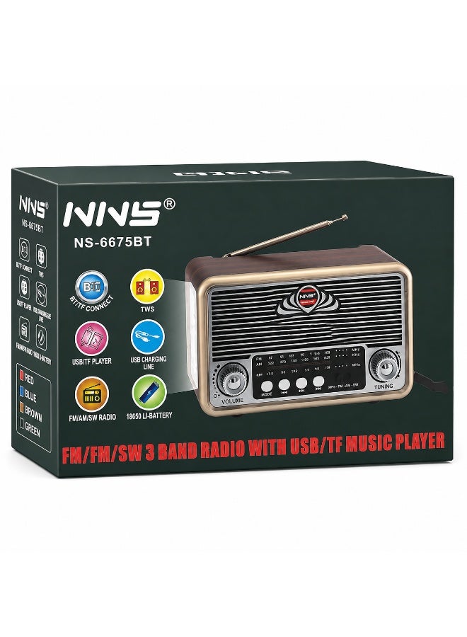أن أن أس راديو بلوتوث محمول NNS مع مشغل MP3 USB/TF، ثلاثي النطاق FM/AM/SW، TWS - بني - Image 2